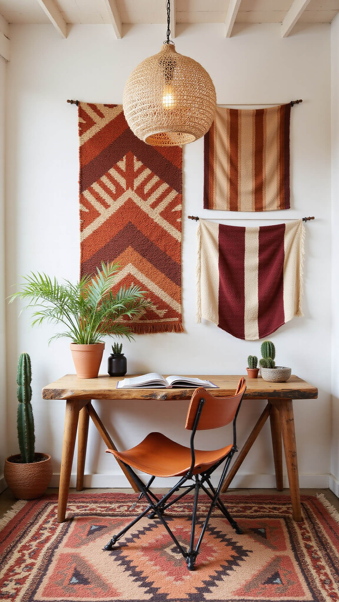 Boho desert-style home office with live-edge desk, leather butterfly chair, geometric tapestries, cacti in ceramic planters, and warm natural textures.