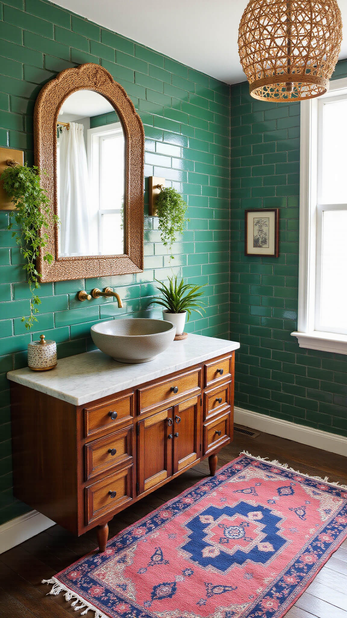 Boho-style primary bathroom with emerald green subway tiles, brass fixtures, floating wooden vanity, concrete vessel sink, arched rattan mirror, hanging plants, Turkish rug, and woven pendant light.