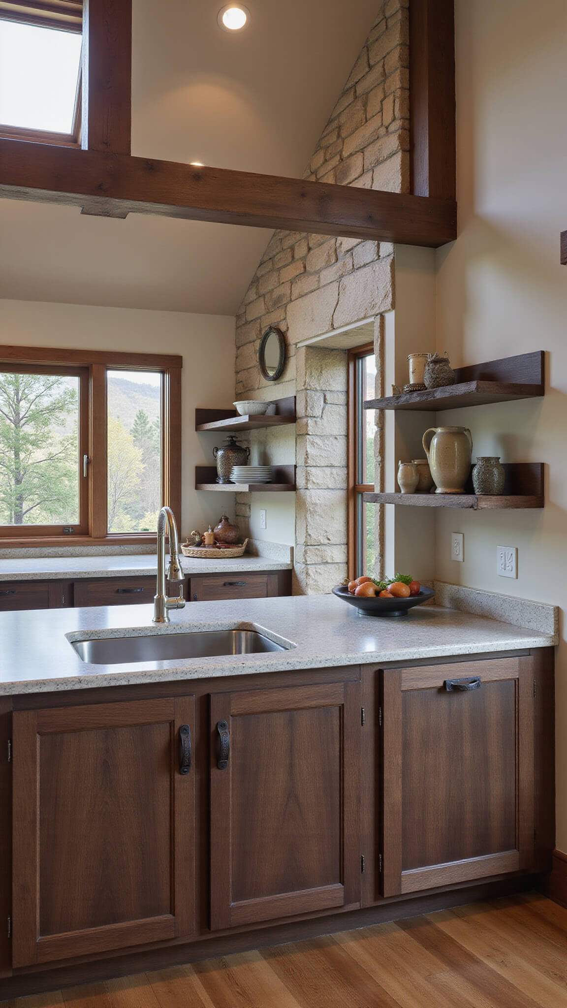Modern-rustic mountain kitchen with dark walnut cabinets, live-edge shelves, and misty forest view through clerestory windows.