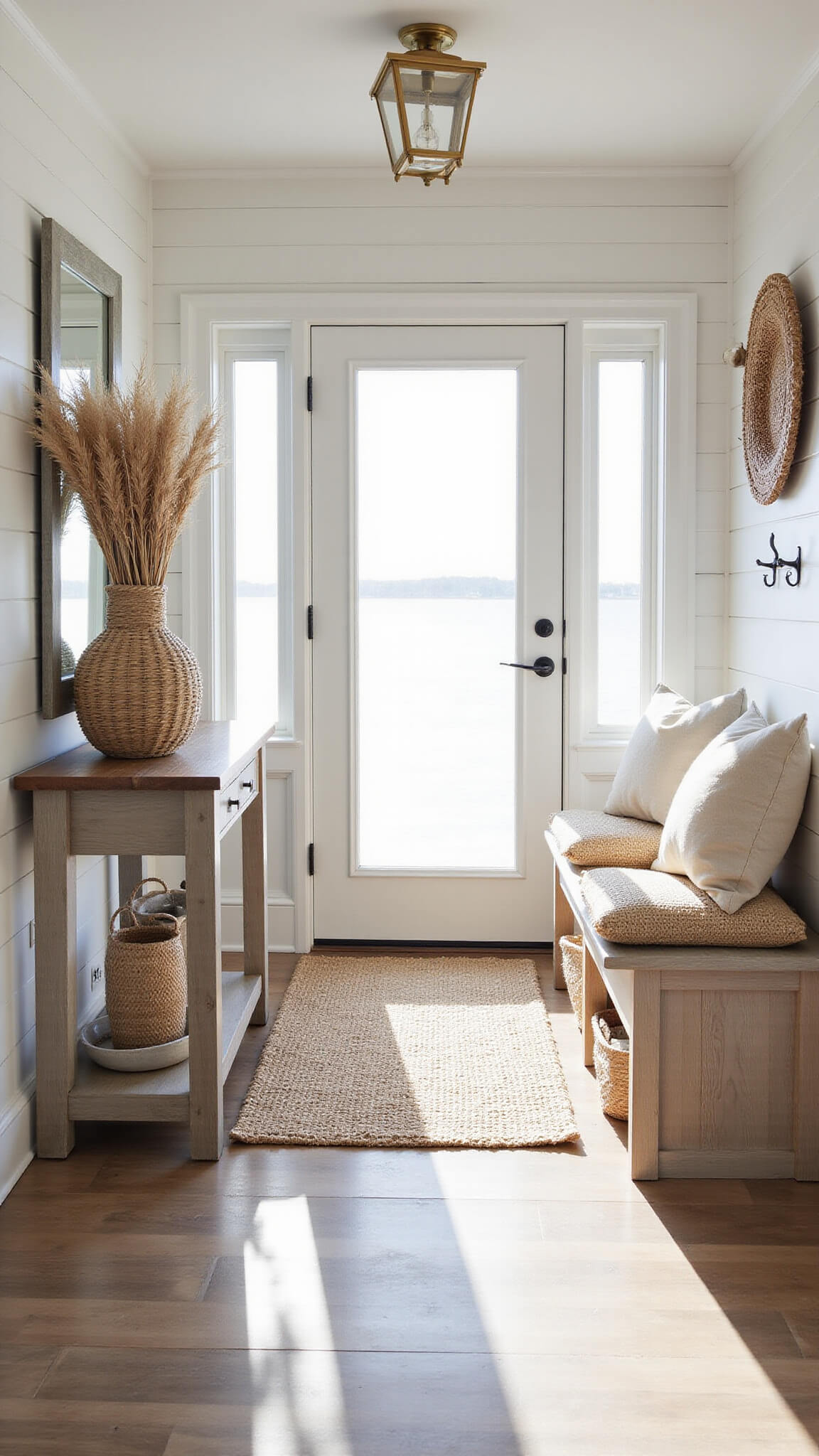Bright coastal entryway with white shiplap walls, oak console table, jute runner, and natural light through frosted glass door.