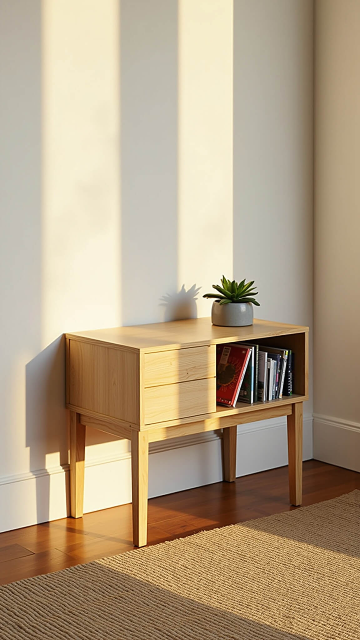 Low-angle view of a Japandi-style studio apartment at sunset with light ash table, textured sisal rug, and minimalist decor in soft whites and light woods.
