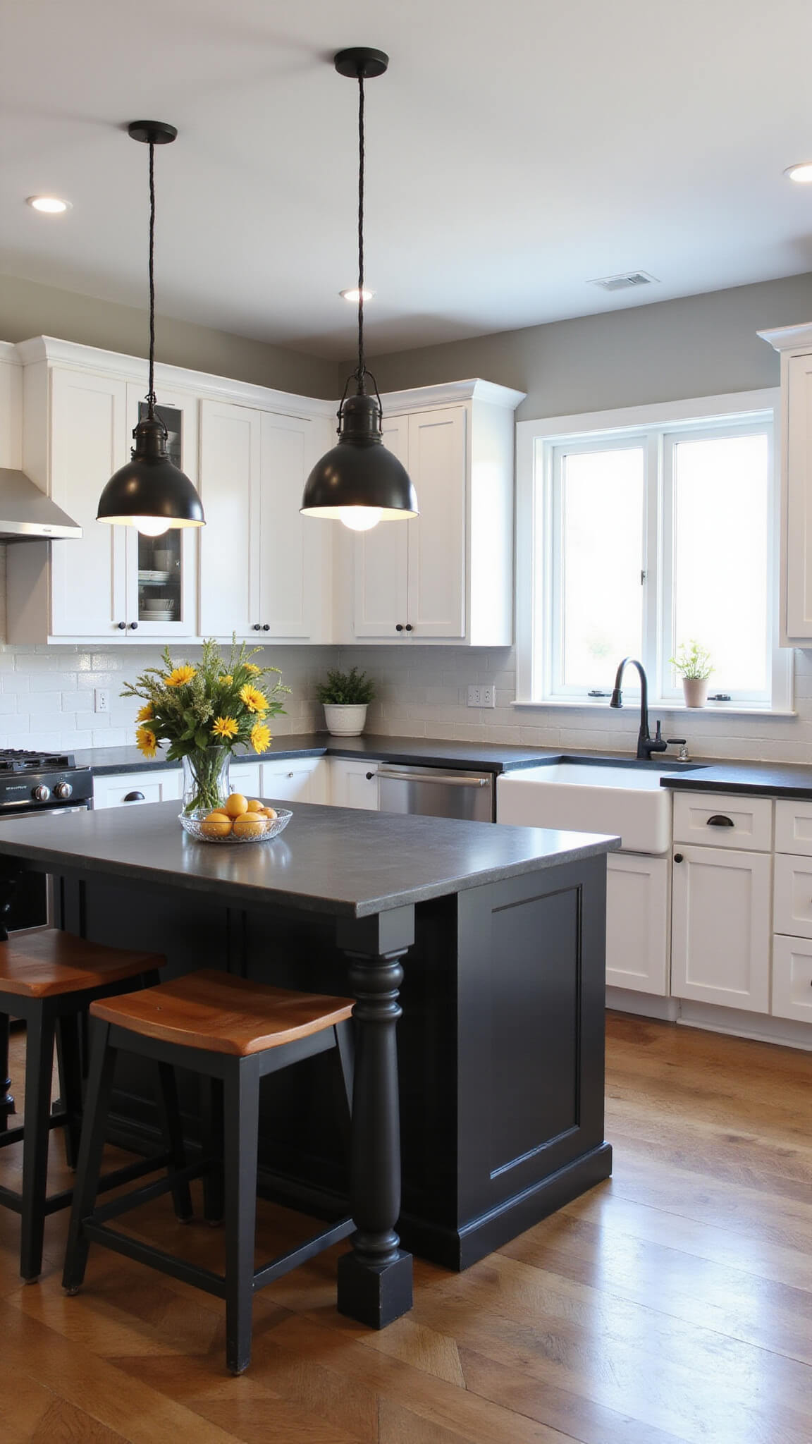 L-shaped modern farmhouse kitchen with charcoal island, white cabinets, soapstone countertops, herringbone wood floors, and industrial pendant lighting.