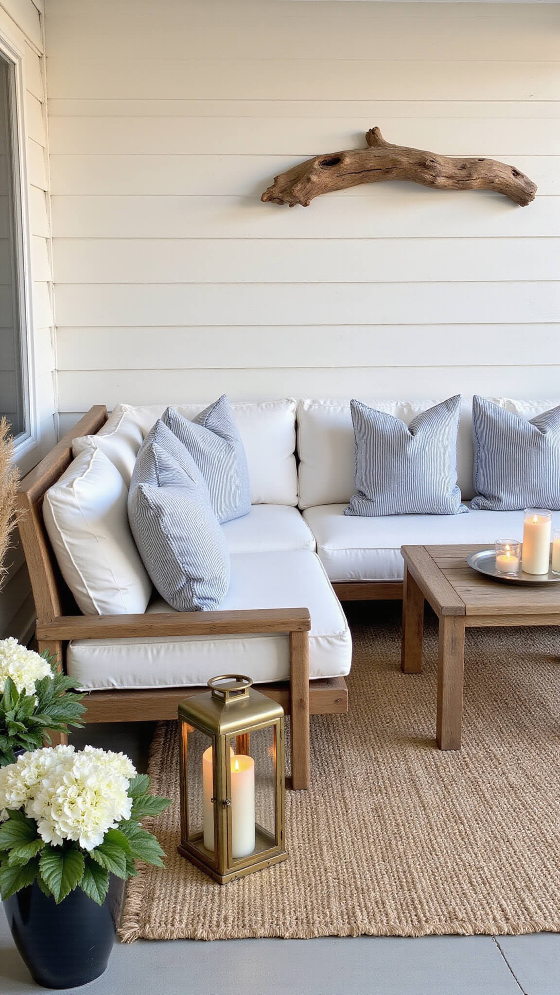 Coastal-inspired patio at golden hour with teak L-shaped sectional, white cushions, driftwood wall art, and ambient lantern lighting.