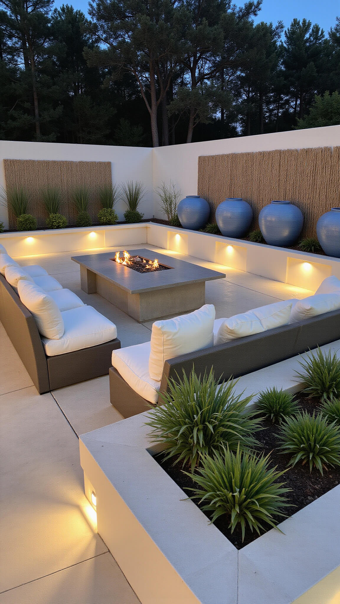 Contemporary coastal courtyard at sunset with concrete seating, ivory cushions, modern fire pit, illuminated planters with native grasses, blue ceramic vessels, nautical rope wall art, and integrated LED lighting.