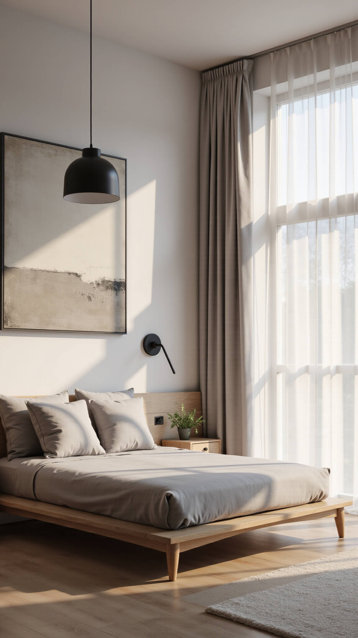 Minimalist 12x14ft bedroom at golden hour with low platform bed, soft grey linens, abstract neutral artwork, and floor-to-ceiling windows streaming natural light.