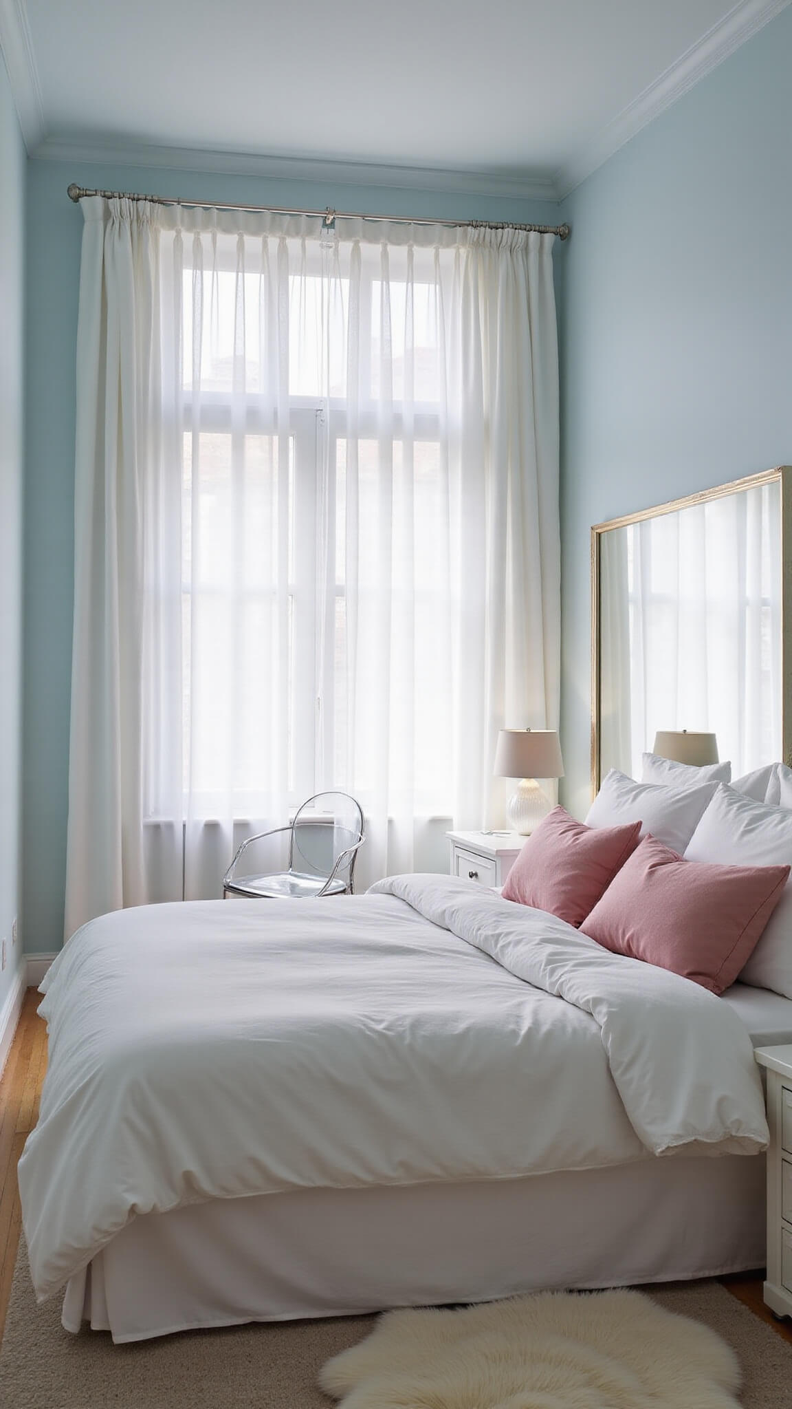 Bright corner bedroom with pale blue walls, sheer white curtains, white furniture, and blush accents, bathed in soft natural morning light.