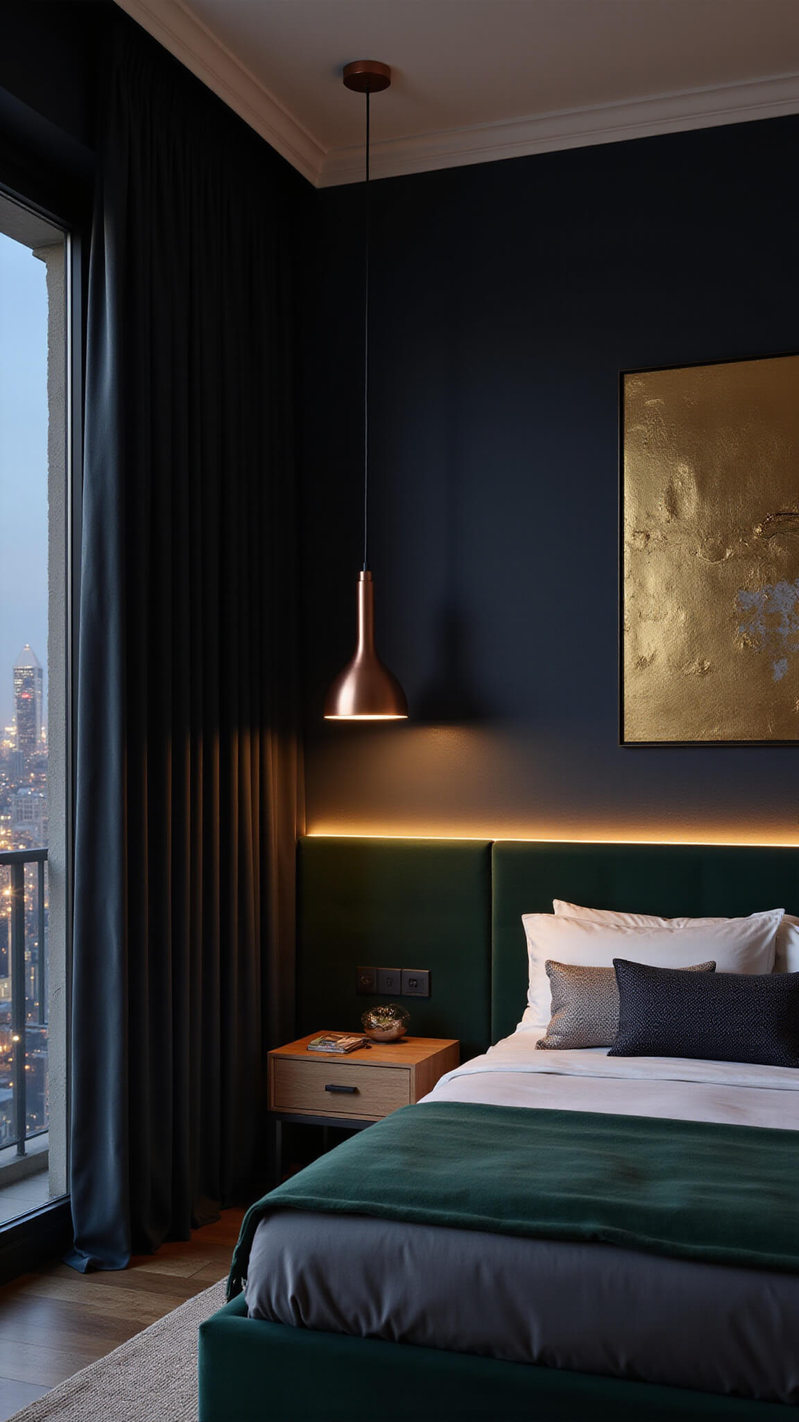 Moody evening bedroom with forest green velvet headboard, navy accent wall, gold abstract art, copper pendant light, and city lights framed by blackout curtains.