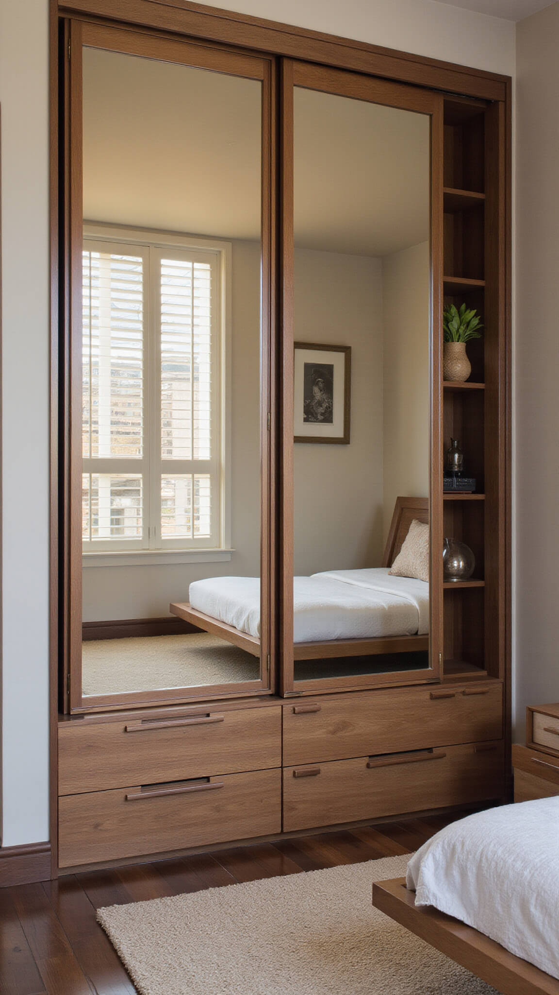Modern bedroom with custom floor-to-ceiling bronze mirrored wardrobe, walnut platform bed with drawers, geometric light patterns from blinds, and floating shelves displaying curated items.