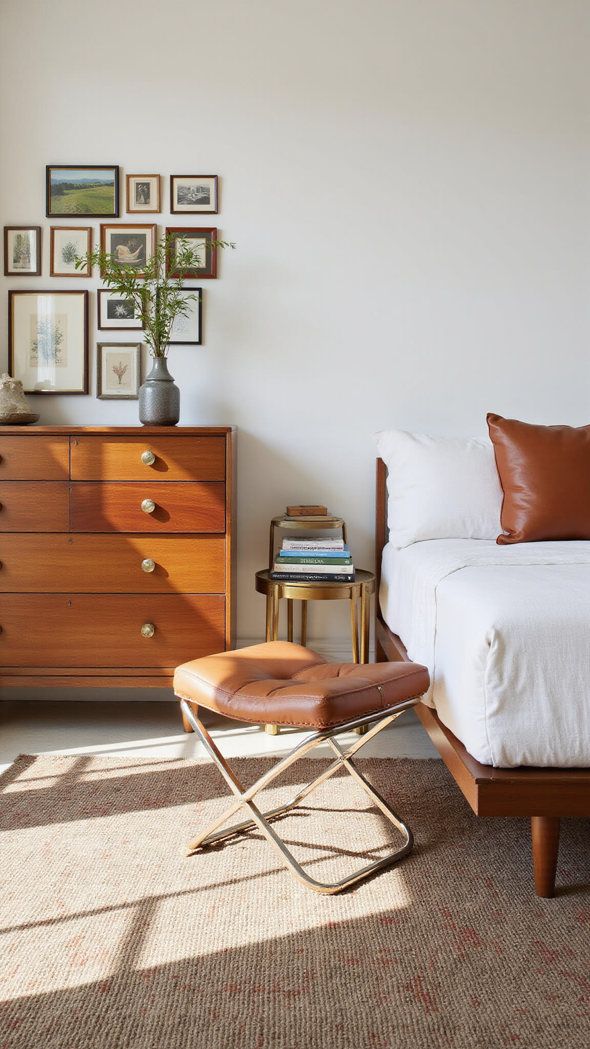 Eclectic bedroom with mid-century dresser, modern platform bed, vintage prints, layered rugs, mixed metal accents, and thrifted leather chair in natural light.