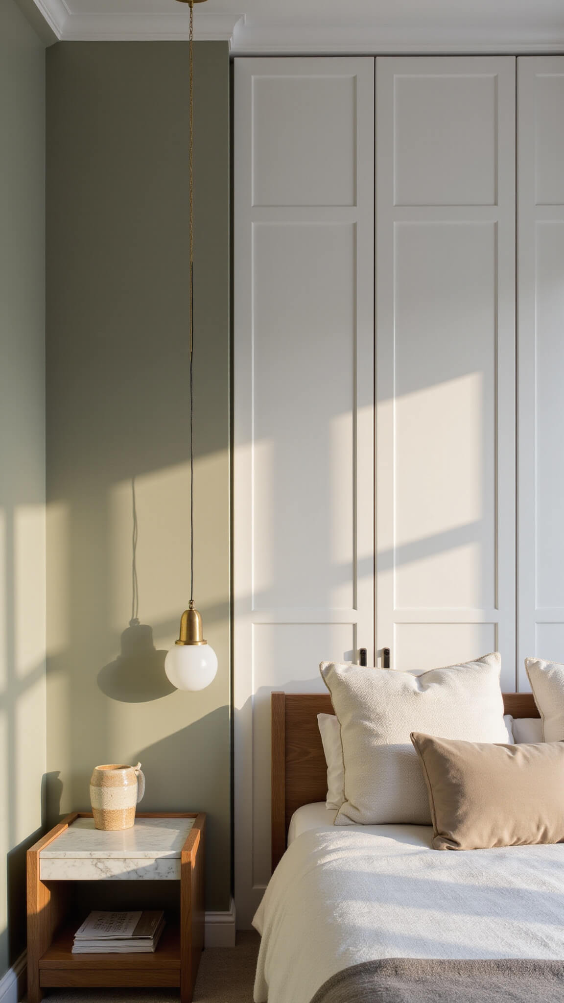 Minimalist 12x14ft bedroom with sage green accent wall, walnut bed, layered neutral bedding, pendant light, built-in white wardrobes, marble side table, and warm golden hour lighting.
