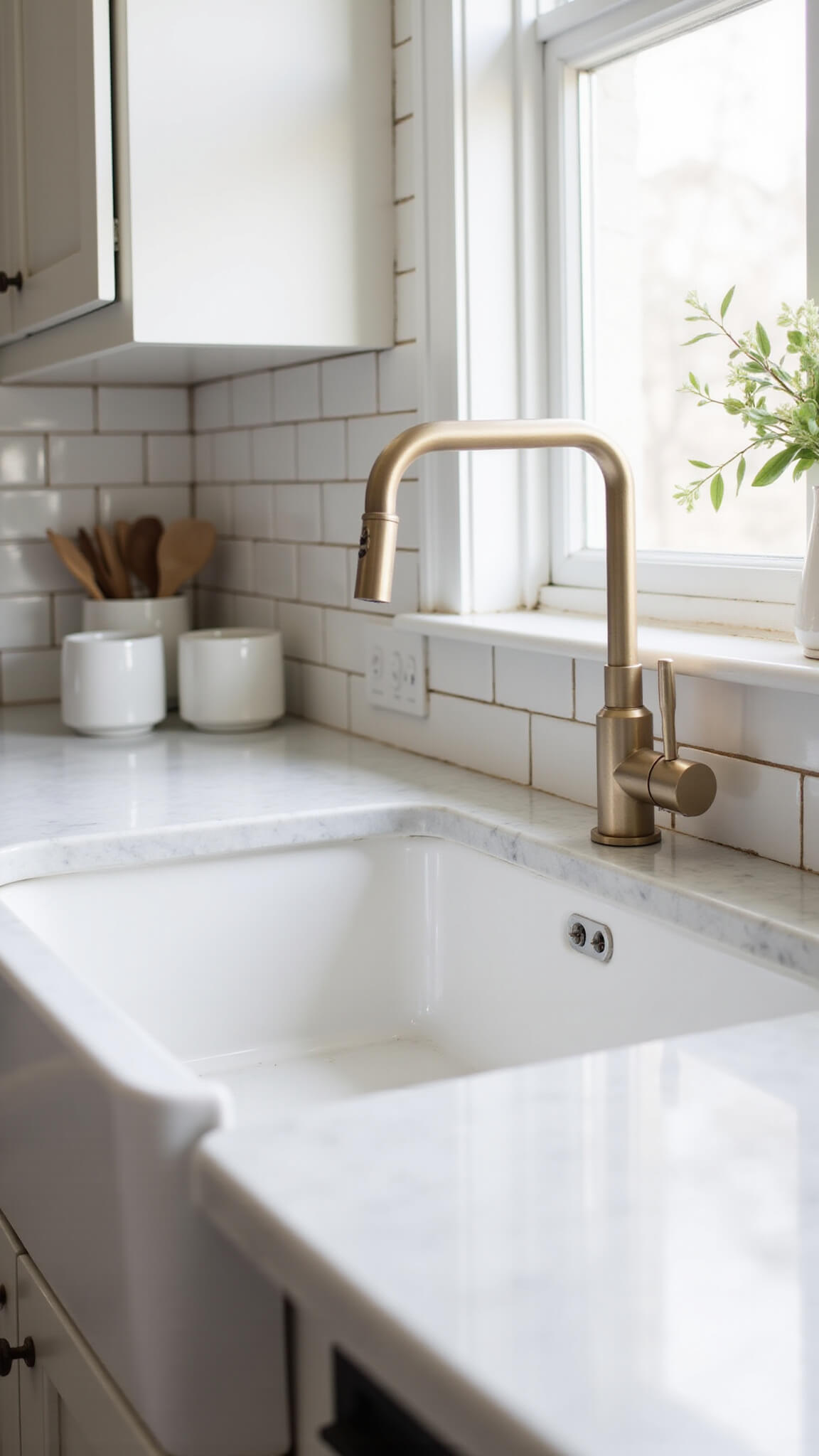 White farmhouse kitchen sink with champagne gold faucet, marble countertop, and white ceramics in soft morning light with dreamy bokeh effect.