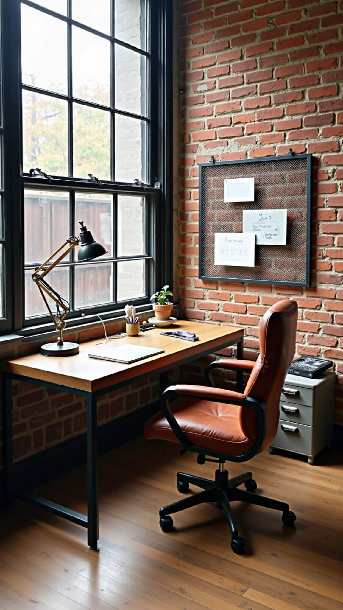 Home office nook with exposed brick wall, steel-framed windows, reclaimed wood desk, vintage task lamp, metal filing cabinet, wire memo board, and leather chair in natural midday light.