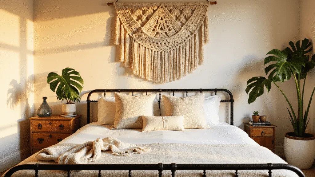 "Boho style bedroom with sunset golden light, wrought iron bed, macrame wall hanging, monstera plants, vintage textiles, and warm, textural lighting on a cream background"
