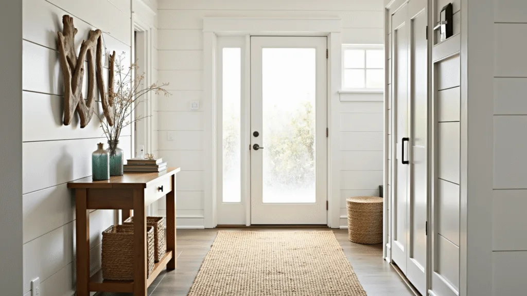 "Coastal entryway with white shiplap walls, a weathered oak console table, natural jute runner, driftwood accents, sea glass decorations illuminated by sunlight through a frosted glass door."