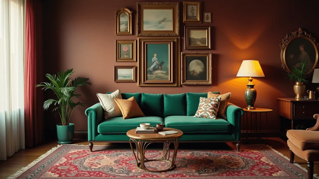 "Emerald velvet sofa in a cozy living room with vintage Persian rugs, a gold-framed gallery wall, mismatched jewel-toned pillows, brass floor lamps, and burgundy sheer curtains during golden hour"