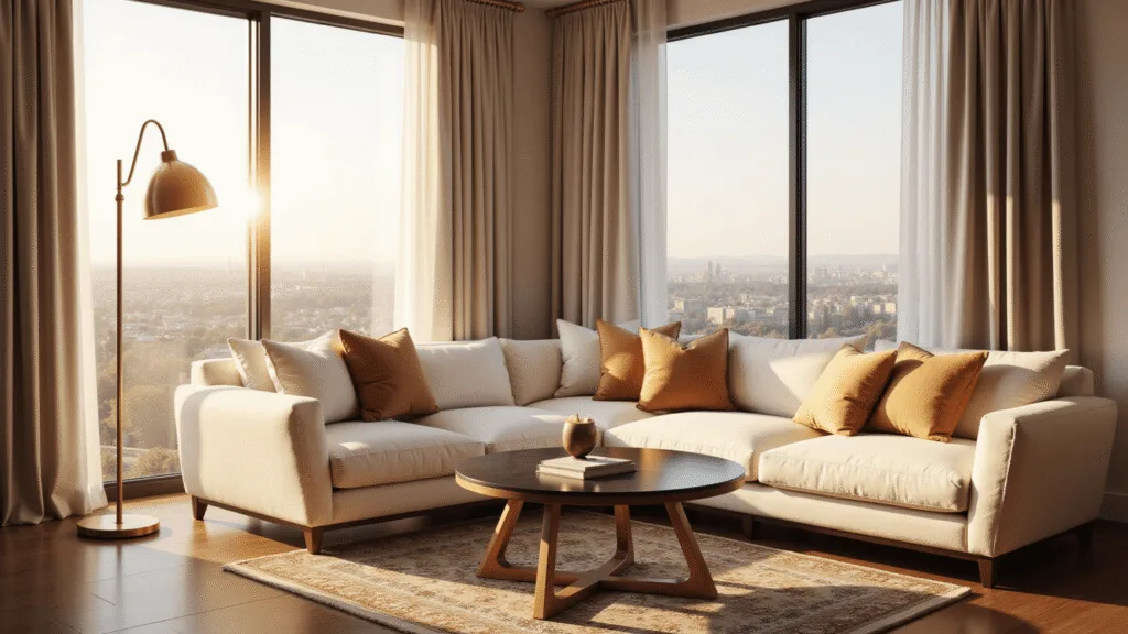 "Elegant modern living room with cream sectional, brass accents, and vintage Persian rug, bathed in golden hour sunlight through floor-to-ceiling windows"