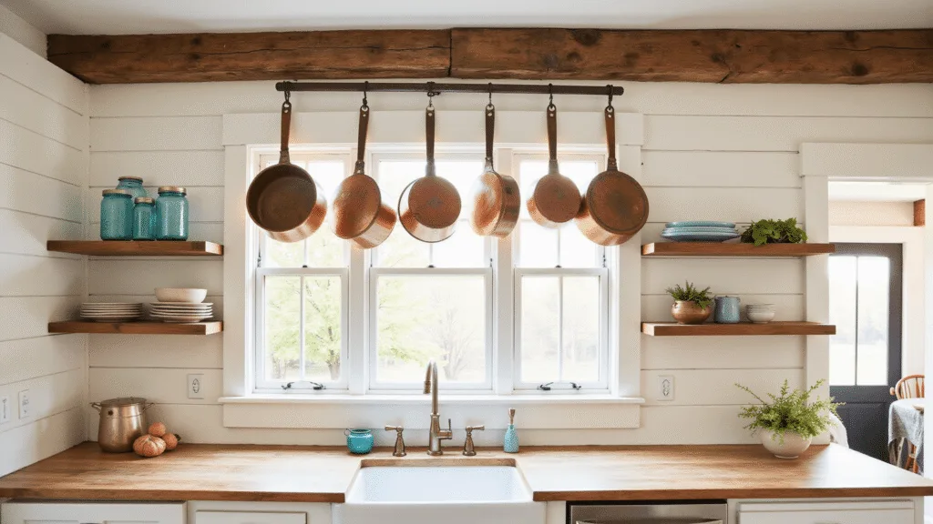 "Cozy farmhouse kitchen with white shiplap walls, apron sink, vintage copper pots, mason jars on open shelves, and warm sunlight streaming through windows."