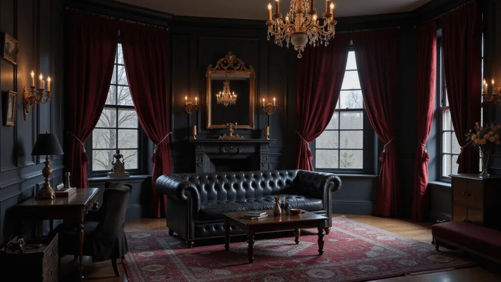 "Victorian-style living room with black walls, burgundy velvet curtains, black Chesterfield sofa, antique brass lighting, crystal chandeliers, and dark wood accents at dusk"