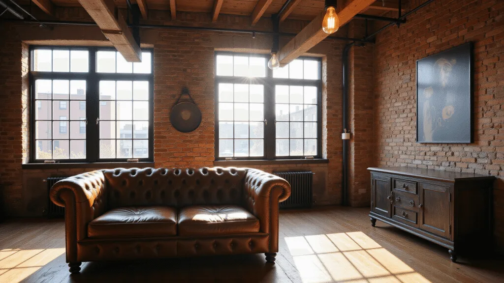 "Sunlit industrial loft with exposed brick walls, reclaimed wood beams, vintage leather sofa, black metal accents, and Edison bulb lights"