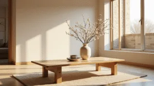 "Minimalist Japandi living room during golden hour, featuring a bleached oak coffee table, ceramic vase with cherry blossoms, and warm sunlight streaming through neutral cream-toned windows"