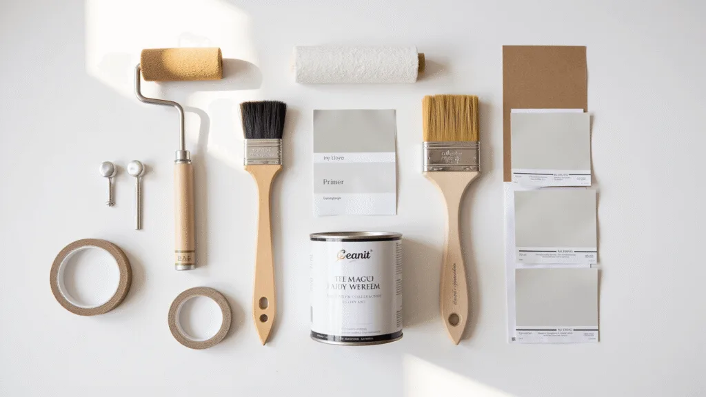 "Flatlay of kitchen cabinet painting supplies including brushes, rollers, primer cans, sandpaper, paint samples, painters tape, and cabinet hardware under natural light"