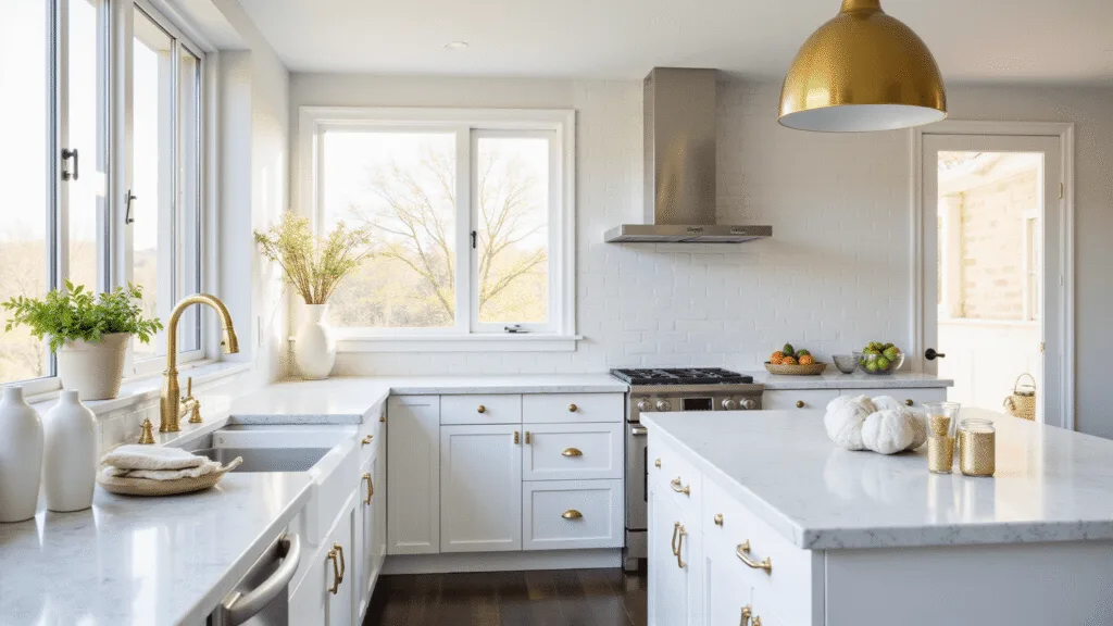 "Elegant white kitchen with gold hardware, marble countertops, gold pendant light, and morning sunlight streaming through windows"
