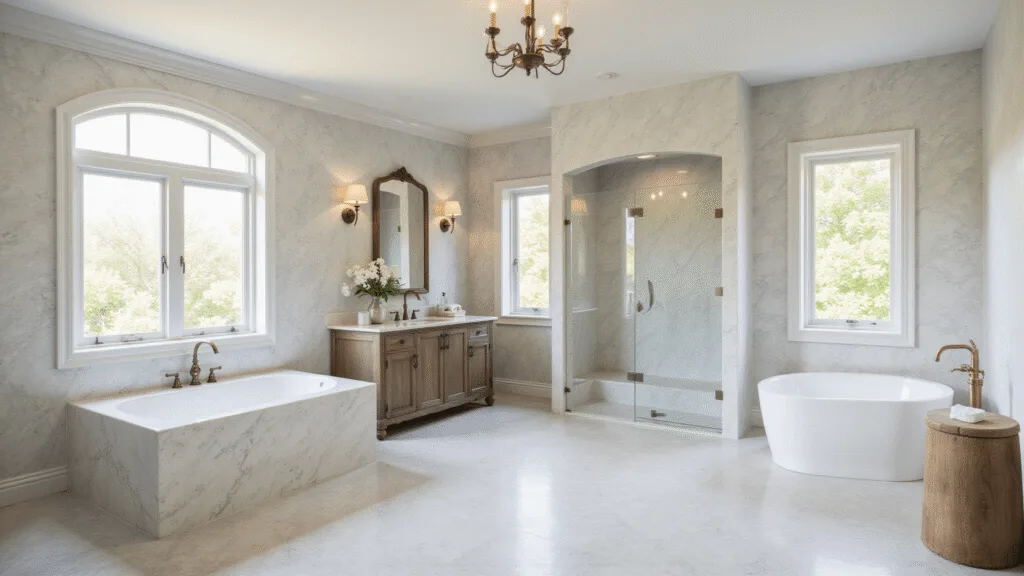 "Luxury marble bathroom with soaking tub, copper and brass chandelier, weathered oak accents, and an arched window during golden hour"