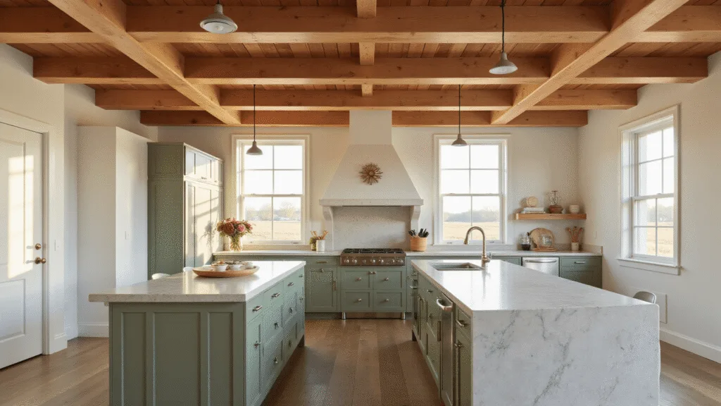 "Modern barndominium kitchen interior with sage green cabinets, quartz countertops, exposed wooden beams, industrial lighting, and sunlight streaming through floor-to-ceiling windows."