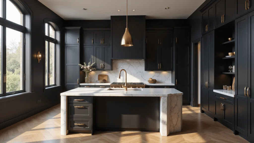 "Modern and luxurious kitchen with black cabinets, brass hardware, marble countertops, cathedral ceiling, and dramatic afternoon light."