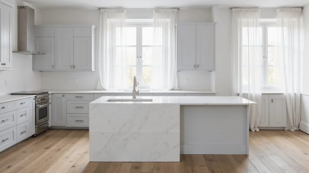 "Scandinavian style kitchen with light gray cabinets, white quartz waterfall island, white oak floors and morning sunlight streaming through sheer curtains."