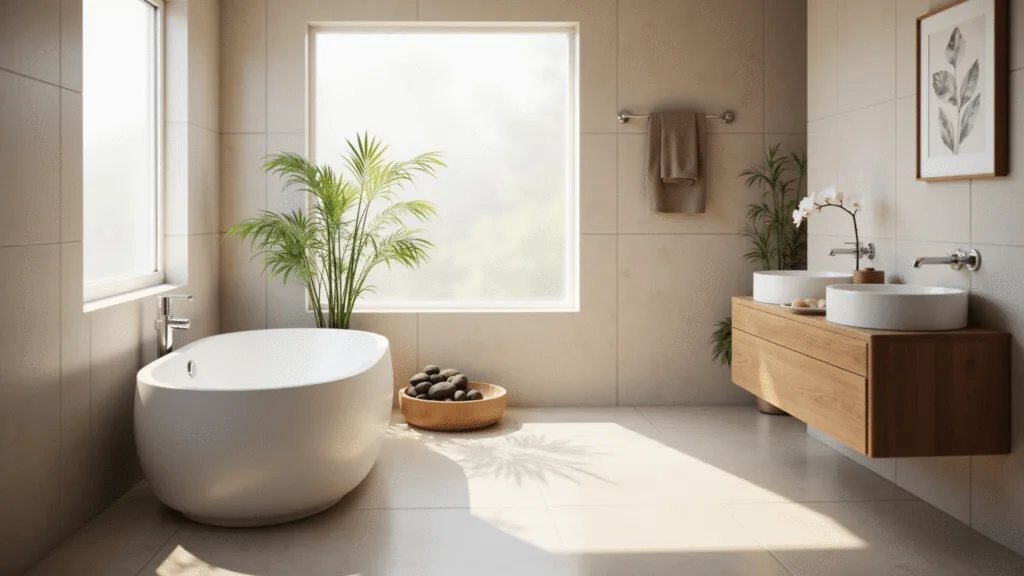 "Minimalist zen bathroom with freestanding tub, bamboo accents, and natural light"