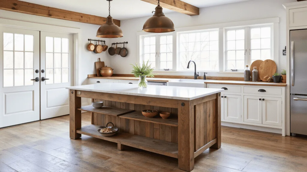 "Rustic farmhouse kitchen with reclaimed wood island, marble top, vintage pendant lights, and copper cookware under morning sunlight"