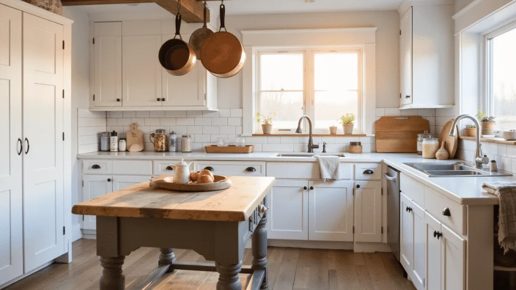 "Rustic farmhouse kitchen with white shaker cabinets, butcher block island, and vintage decor in warm golden hour lighting"