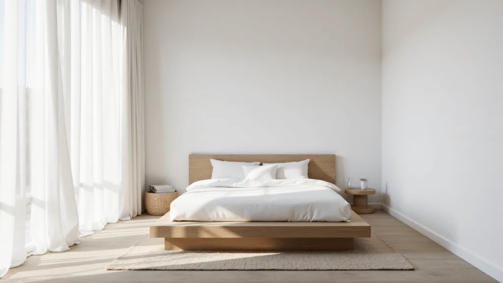 "Minimalist oak platform bed in a bright bedroom with white walls, sheer curtains, and natural morning sunlight"