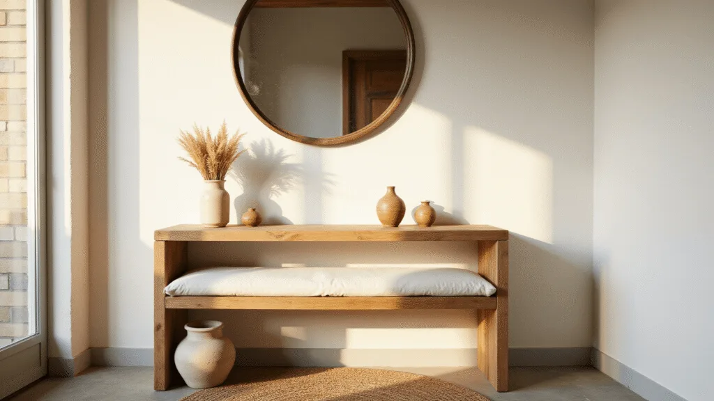 "Soothing entryway scene featuring weathered oak bench, ceramic vessels, dried pampas grass and jute runner, all under warm golden light"