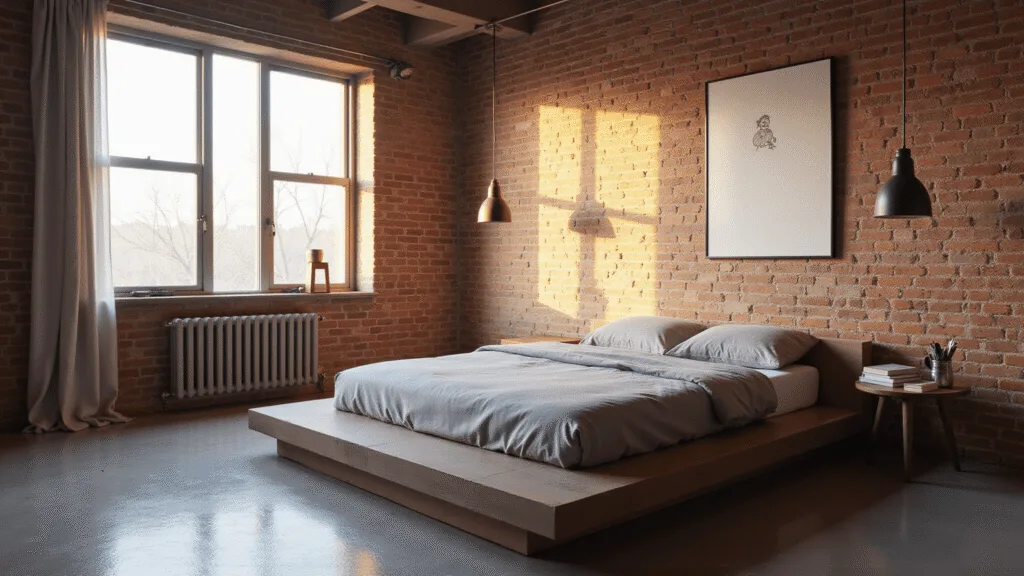 "Modern urban bedroom with minimalist platform bed, exposed brick walls, industrial pendant lights, and warm golden hour light streaming through large windows"