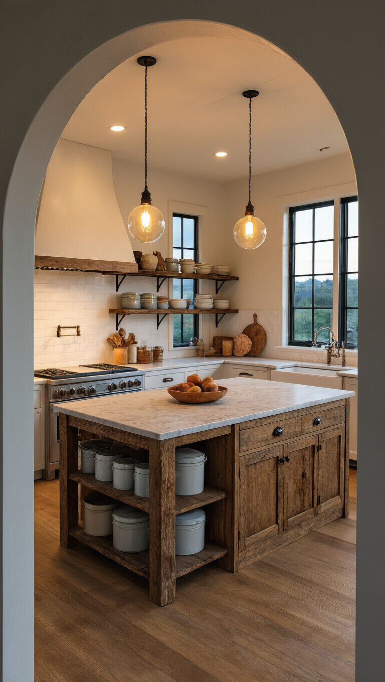 Wide-angle view of a cozy open-concept farmhouse kitchen with warm Edison bulb lighting, a large reclaimed wood island with honed marble top, vintage enamelware on open shelves, and textured wood, marble, and copper finishes.