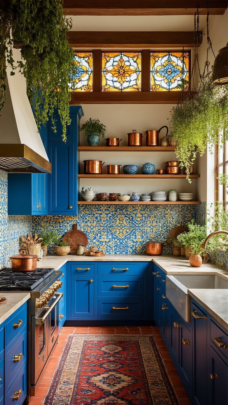 Warm, colorful global fusion kitchen with cobalt cabinets, Moroccan tile backsplash, copper cookware, Persian runner, and sunlight through stained glass.