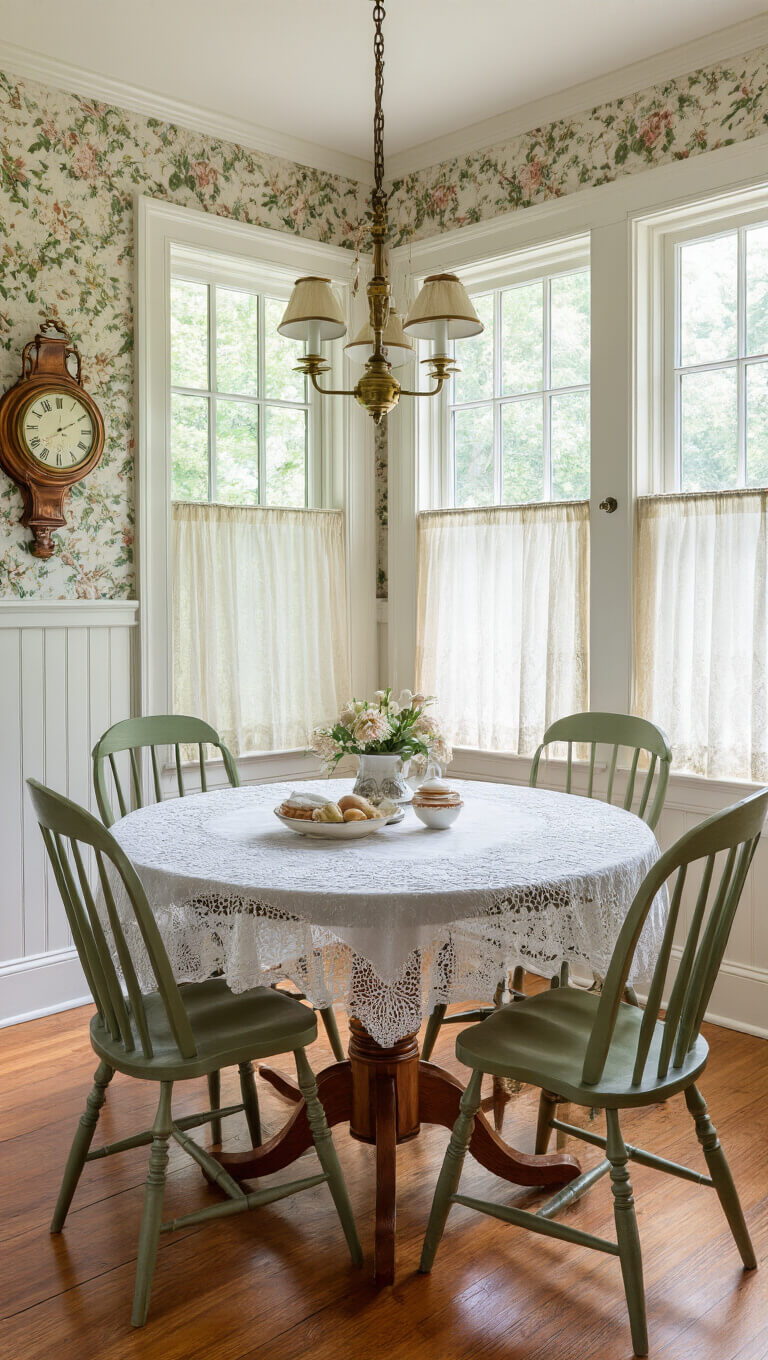 Victorian-style breakfast room with oak table, green Windsor chairs, lace tablecloth, floral wallpaper, beadboard wainscoting, and morning light through cafe curtains.