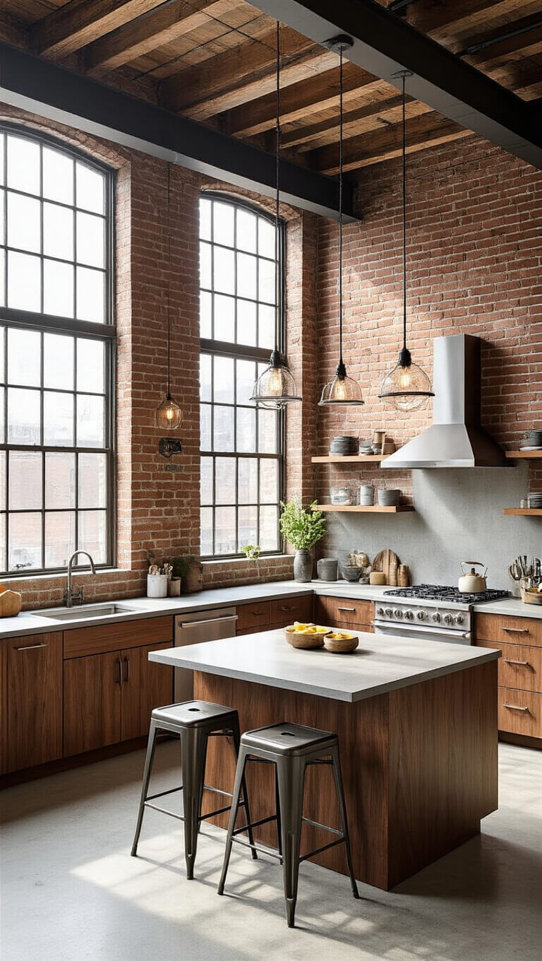 Loft kitchen with exposed brick walls, walnut cabinets, stainless steel appliances, and concrete countertops, lit by early morning light through factory windows.