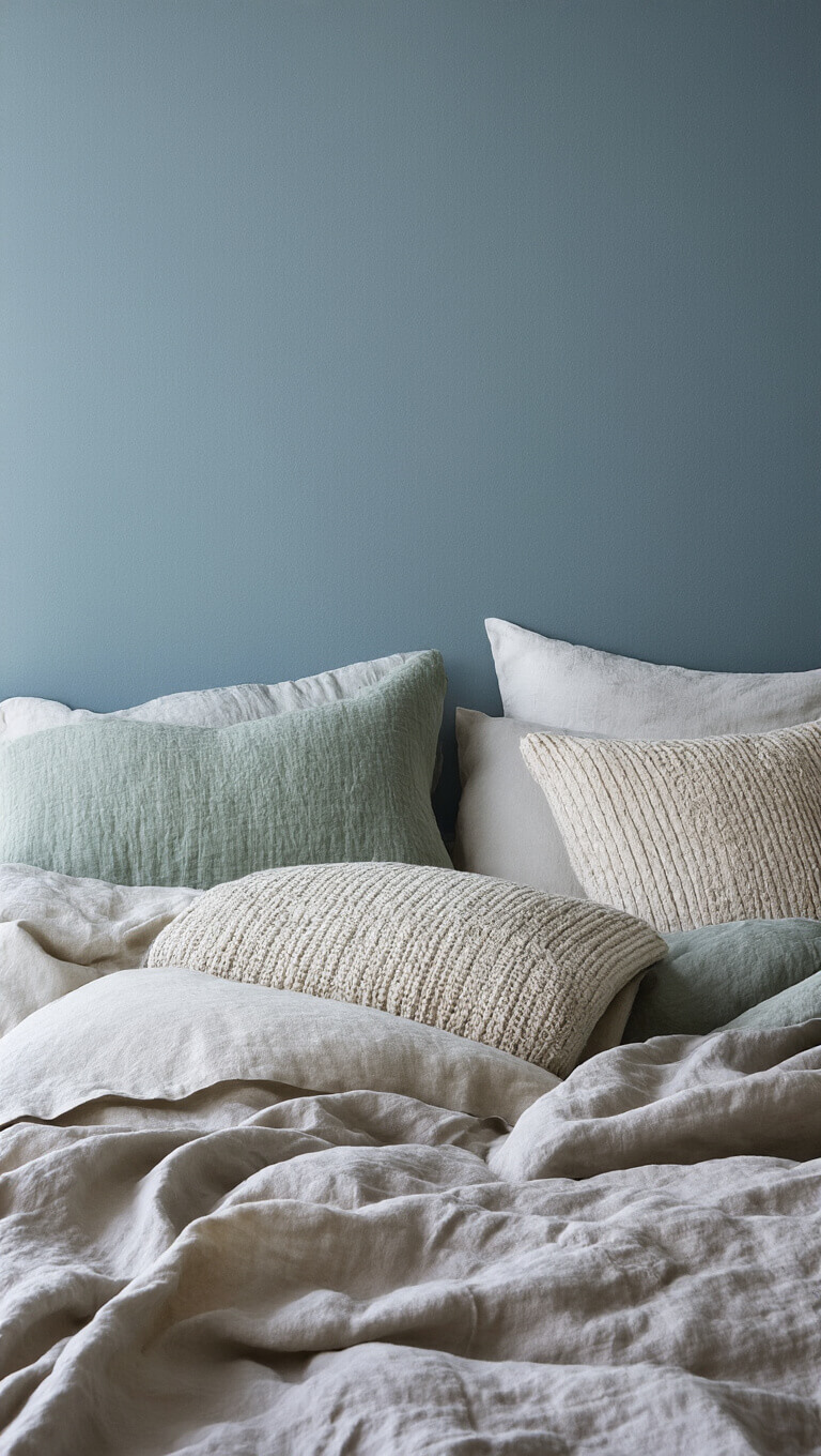 Moody blue hour close-up of layered rumpled bedding in sage, ivory, and natural tones with textured pillows and vintage quilt.