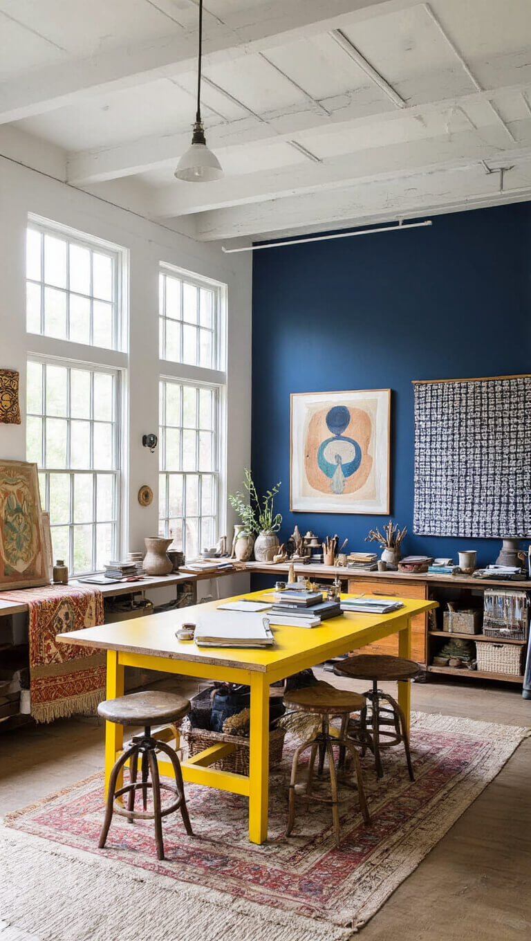 Bohemian artist's studio with yellow work table, navy accent wall displaying artwork, vintage stools, global textiles, and abundant natural light from north-facing windows.