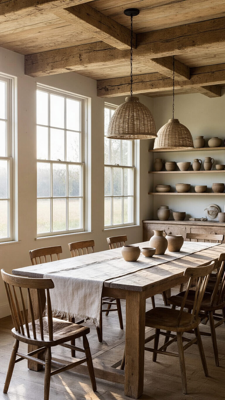 Cozy 10x12ft dining room at dawn with rustic farmhouse table, mismatched vintage chairs, exposed wooden beams, handmade pottery on shelves, and soft morning light through ceramic pendant lamp.
