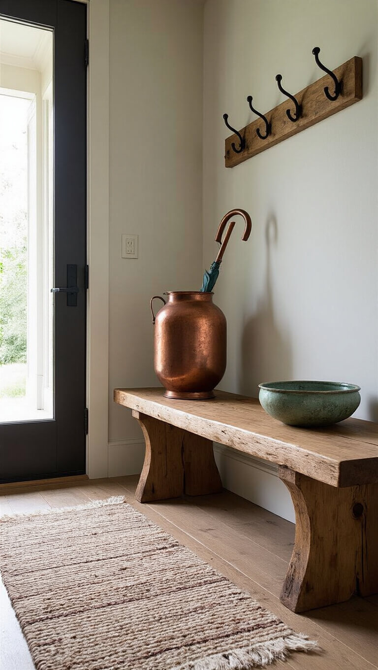 Low-angle view of sunlit 8x12ft entryway with raw edge wooden bench, vintage verdigris copper umbrella stand, worn hand-knotted runner, blackened steel wall hooks, and crazed ceramic catch-all bowl.