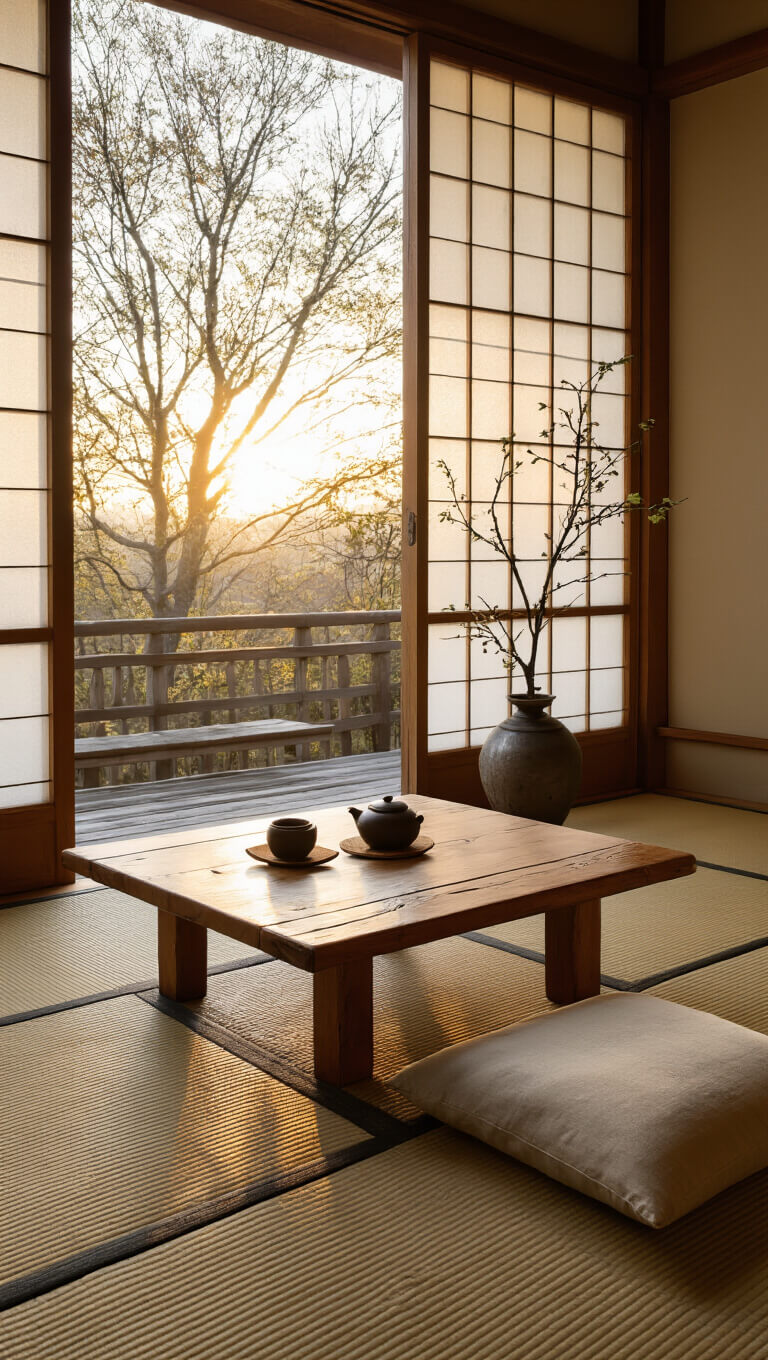Serene 7x9ft tea room at sunrise with worn tatami mats, low wooden table, handmade ceramic tea set, raw silk cushions, and a single ikebana in a weathered bronze vessel, viewed from a traditional seated position.