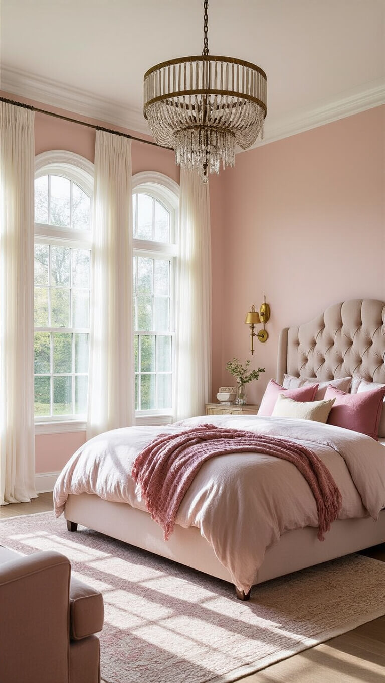 Sunlit blush pink master bedroom with velvet tufted bed, sheer curtains, brass accents, and bay windows, viewed from doorway with natural backlighting.