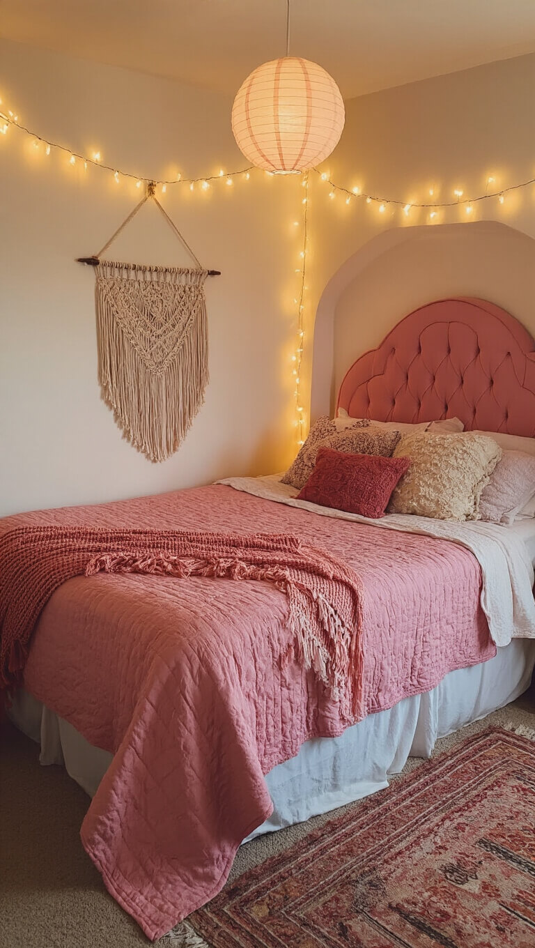 Cozy bohemian retreat room with full bed, vintage pink quilted headboard, layered pink throws, macramé wall hanging, reading nook alcove, string lights, and paper lanterns, all captured with a fisheye lens for a warm, eclectic ambiance.