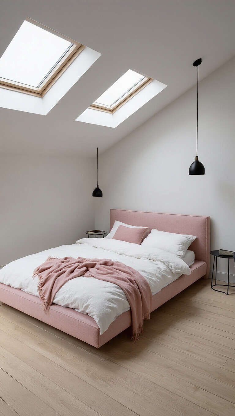 Bird's eye view of a Scandinavian minimal bedroom with light wood floors, platform bed in pink wool upholstery, white linens, pink throw, black pendant lights, and soft skylight illumination.