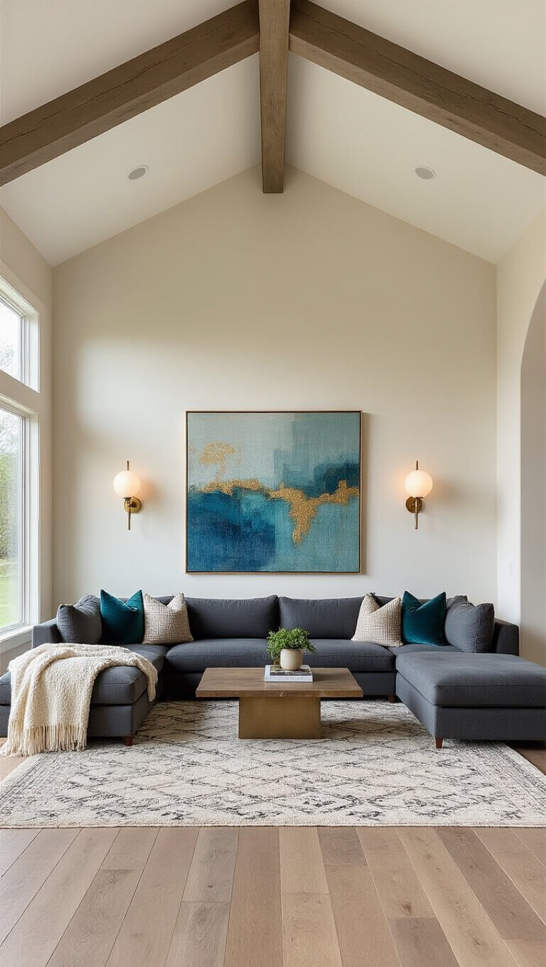 Low-angle view of a contemporary living room at golden hour with vaulted ceilings, a charcoal sectional, abstract artwork, and warm natural light casting shadows on white oak floors.