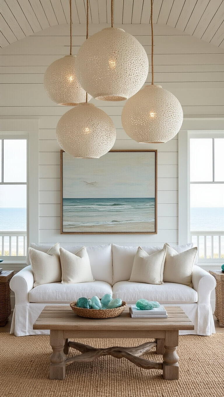 Bright coastal living room with shiplap ceiling, white linen sofa, capiz shell pendant lights, jute rug, and driftwood decor.